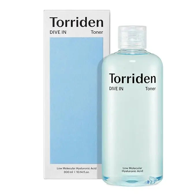 Torriden DIVE-IN Low Molecule Hyaluronic Acid Toner 300ml for hydration and skin smoothing in a sleek bottle.
