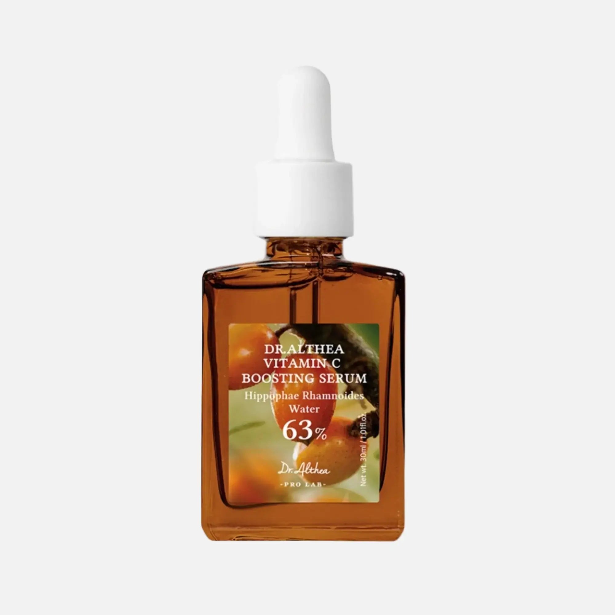 Dr. Althea - Vitamin C Boosting Serum 30ml in a glass bottle with dropper, featuring Sea Buckthorn Water.