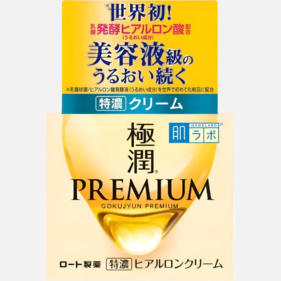 Rohto Mentholatum Hada Labo Gokujyun Premium Cream packaging, highlighting deep hydration with hyaluronic acid.