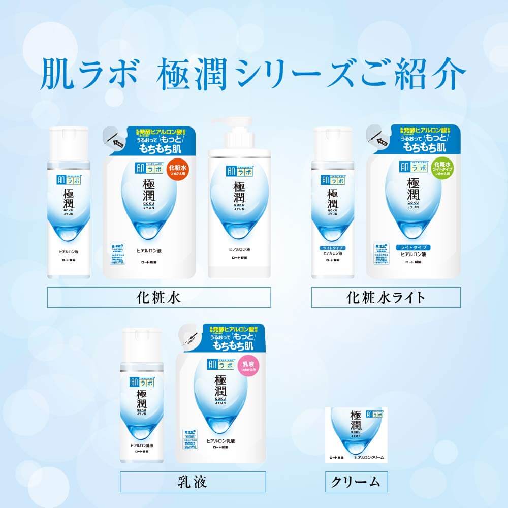 Collection of Hada Labo Gokujyun moisturizing products including lotion, milk, cream, and light lotion for deep hydration.