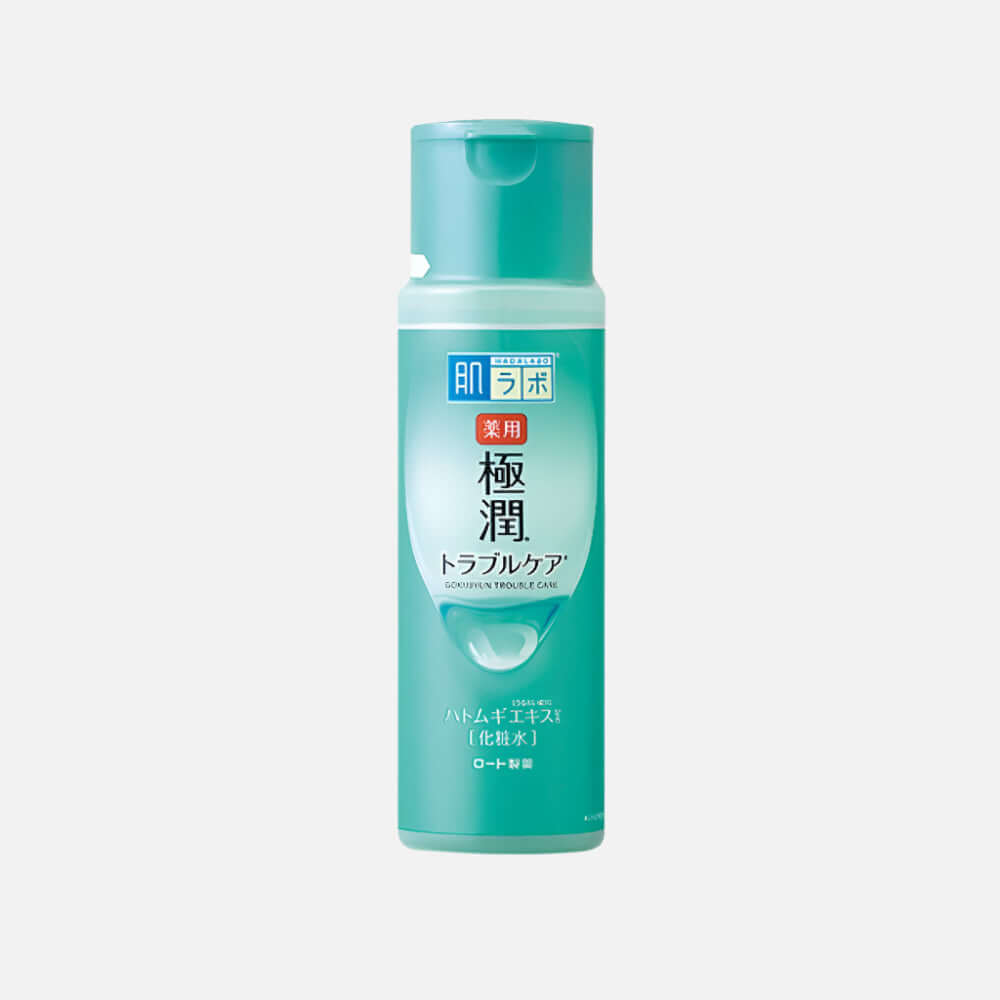 Hada Labo Gokujyun Trouble Care Skin Conditioning Lotion in a teal bottle for acne-prone skin, 170ml.