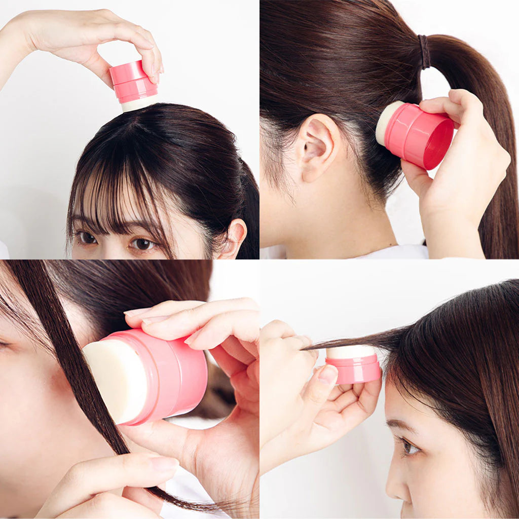 User applying Utena Matomage Hair Styling Stick to control frizz and flyaways for a polished hairstyle.