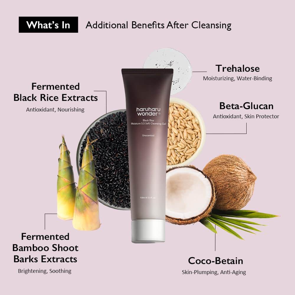 HaruHaru Wonder Black Rice Moisture Cleansing Gel ingredients and benefits, featuring black rice, bamboo extracts, and moisturizing agents.