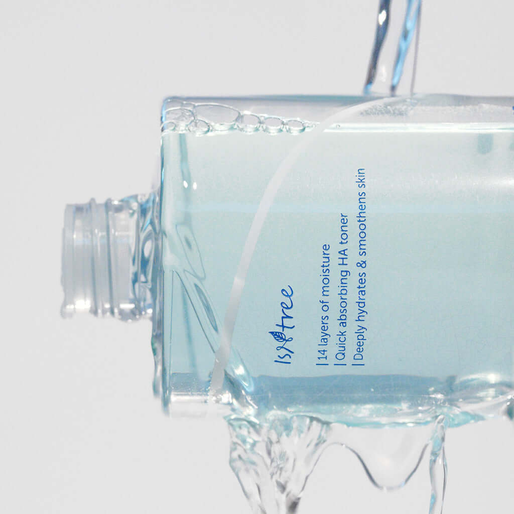 Isntree Ultra-Low Molecular Hyaluronic Acid Toner in a bottle, showcasing its hydrating properties and fresh design.