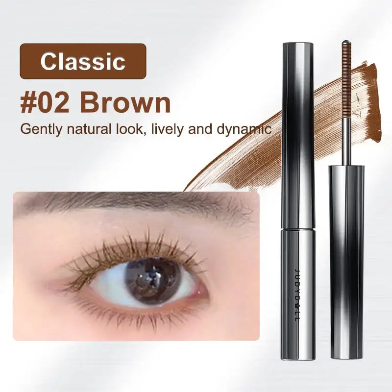 Judydoll - 3D Curling Eyelash Iron Mascara in #02 Brown, showcasing natural lashes with vibrant curl and volume.
