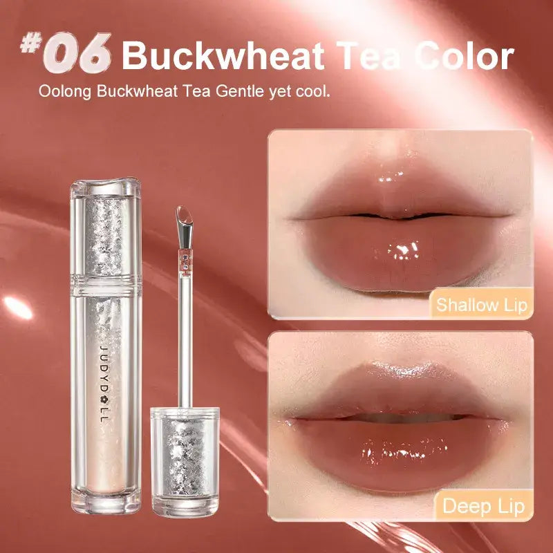 Judydoll Ice Watery Lip Gloss in Buckwheat Tea color, showcasing glossy finish on shallow and deep lips, with mini iron applicator.