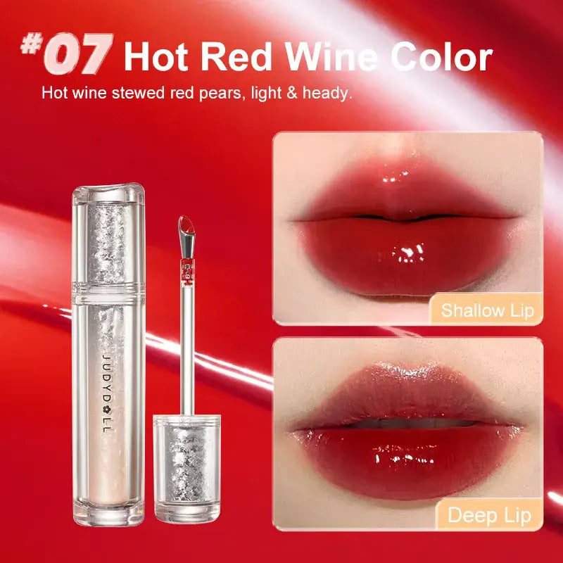 Judydoll Ice Watery Lip Gloss in Hot Red Wine Color, showcasing deep and shallow lip looks with a glossy finish.