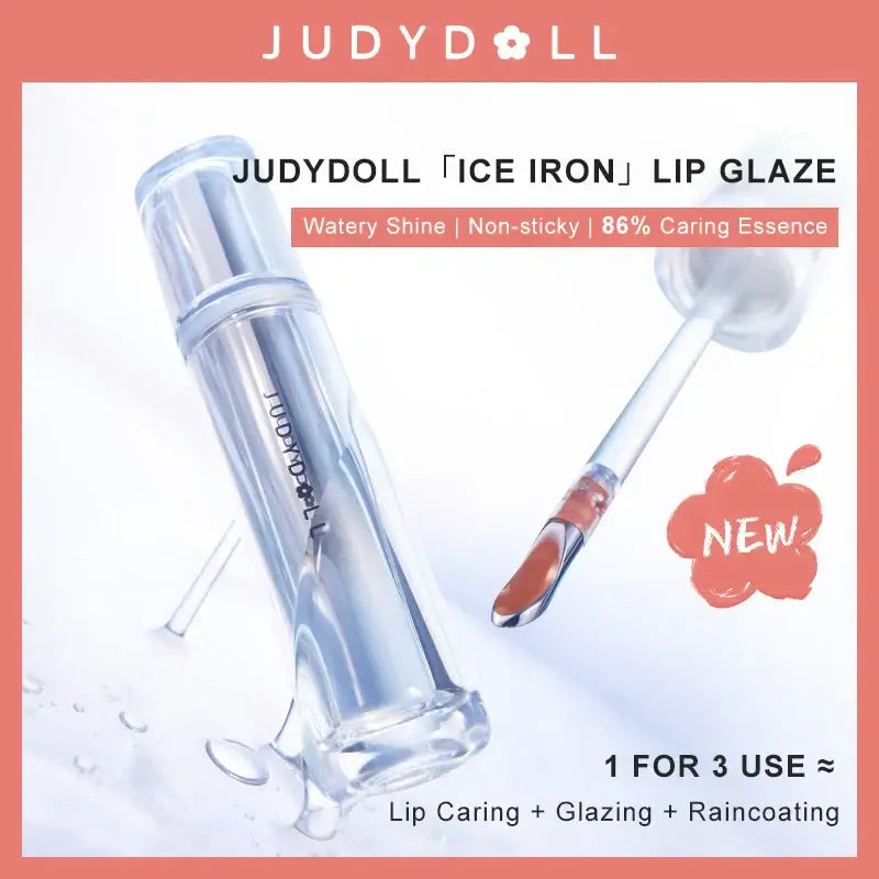 Judydoll Ice Watery Lip Gloss with unique tip for glossy finish, non-sticky, water-based shine, perfect for beginners.
