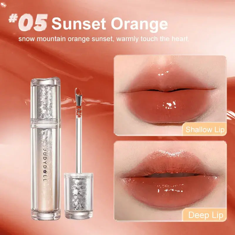 Judydoll Ice Watery Lip Gloss in Sunset Orange shade with swatches on shallow and deep lips.