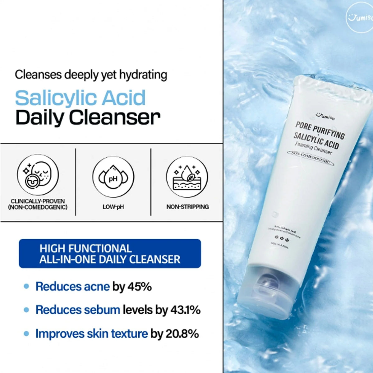 Jumiso Pore-Purifying Salicylic Acid Foaming Cleanser, 120g, deeply cleanses and refines pores for clearer skin.