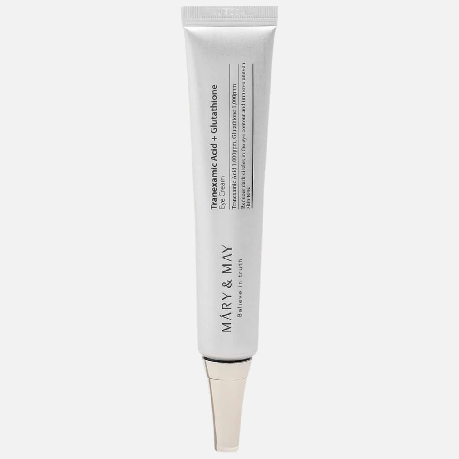 Mary&May - Tranexamic Acid + Glutathione Eye Cream 30ml in a sleek tube packaging for brightening tired eyes.