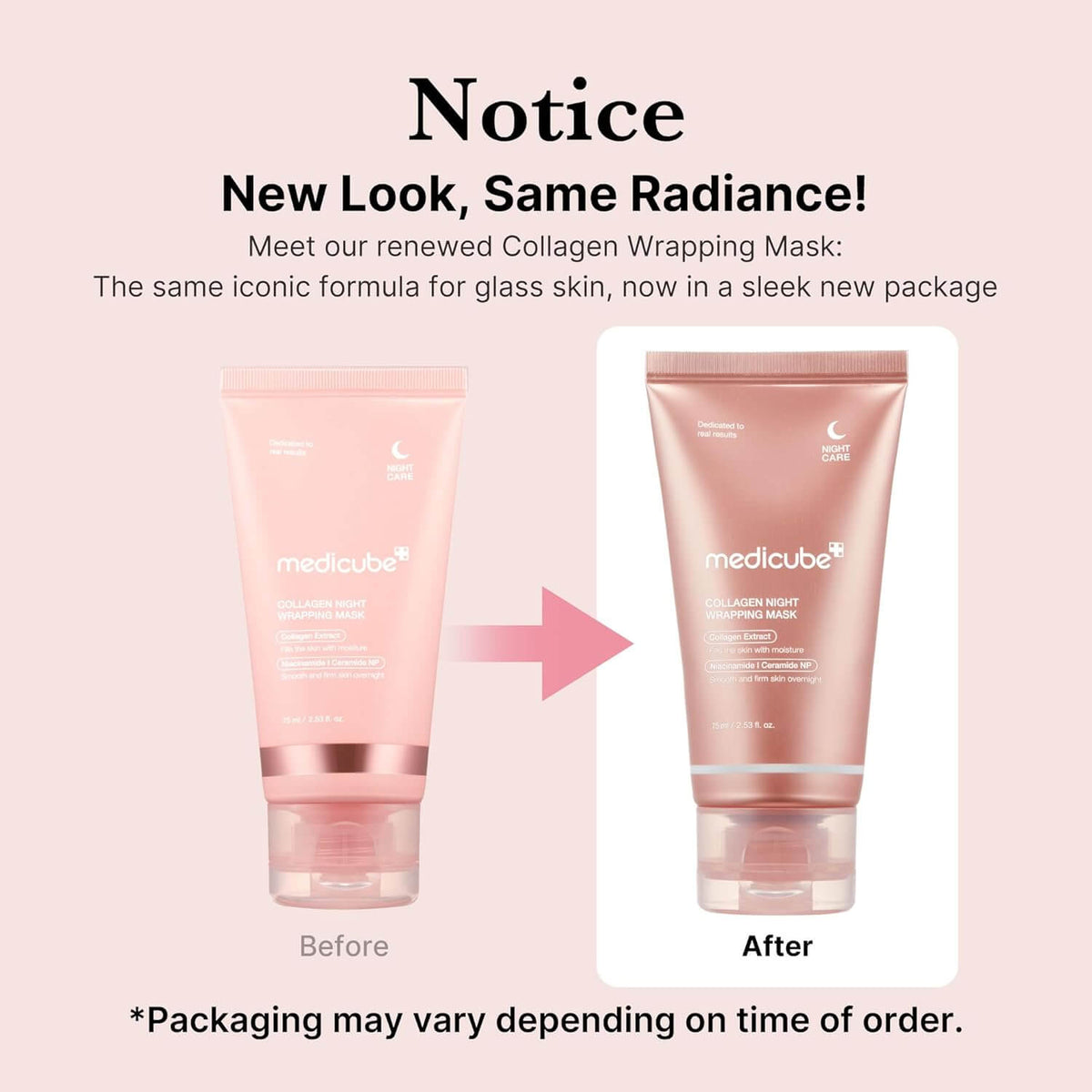 Medicube - Collagen Night Wrapping Mask 75ml before and after packaging update for enhanced radiance.