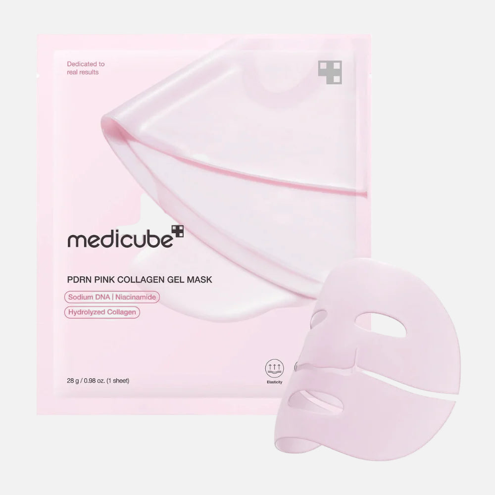 Medicube - PDRN Pink Collagen Gel Mask (1PC) packaging and mask, ideal for improving skin elasticity and texture.