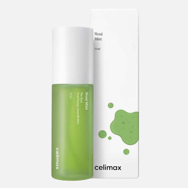 Celimax Noni Energy Ampoule Mist 50ml in a spray bottle with packaging, revitalizing and hydrating skin.