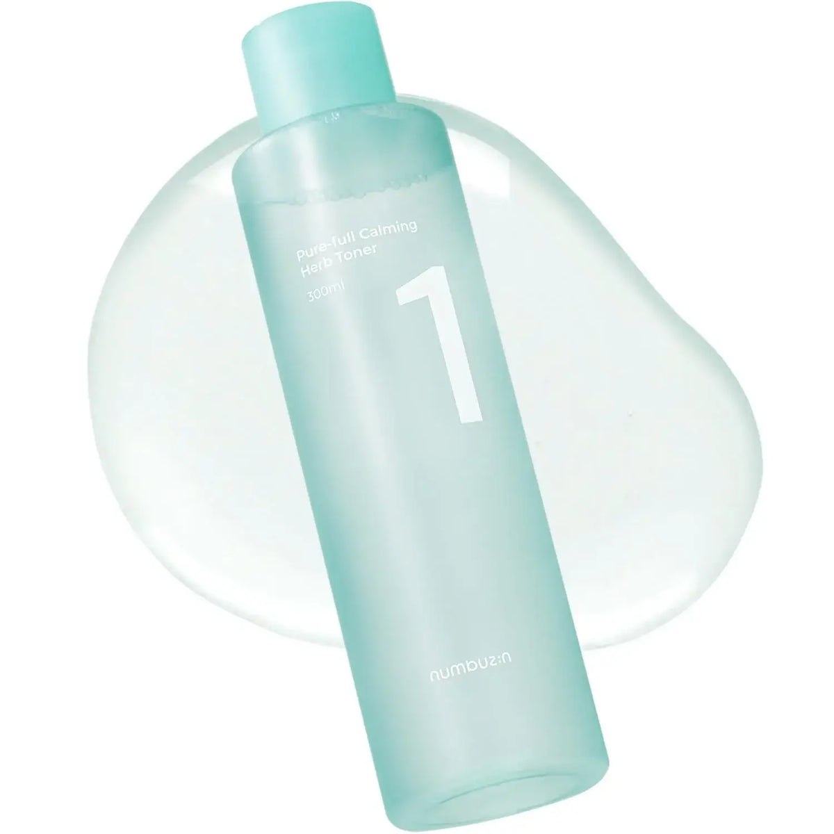 Numbuzin No.1 Pure-Full Calming Herb Toner 300ml in a light green bottle with a watery texture for soothing skin.