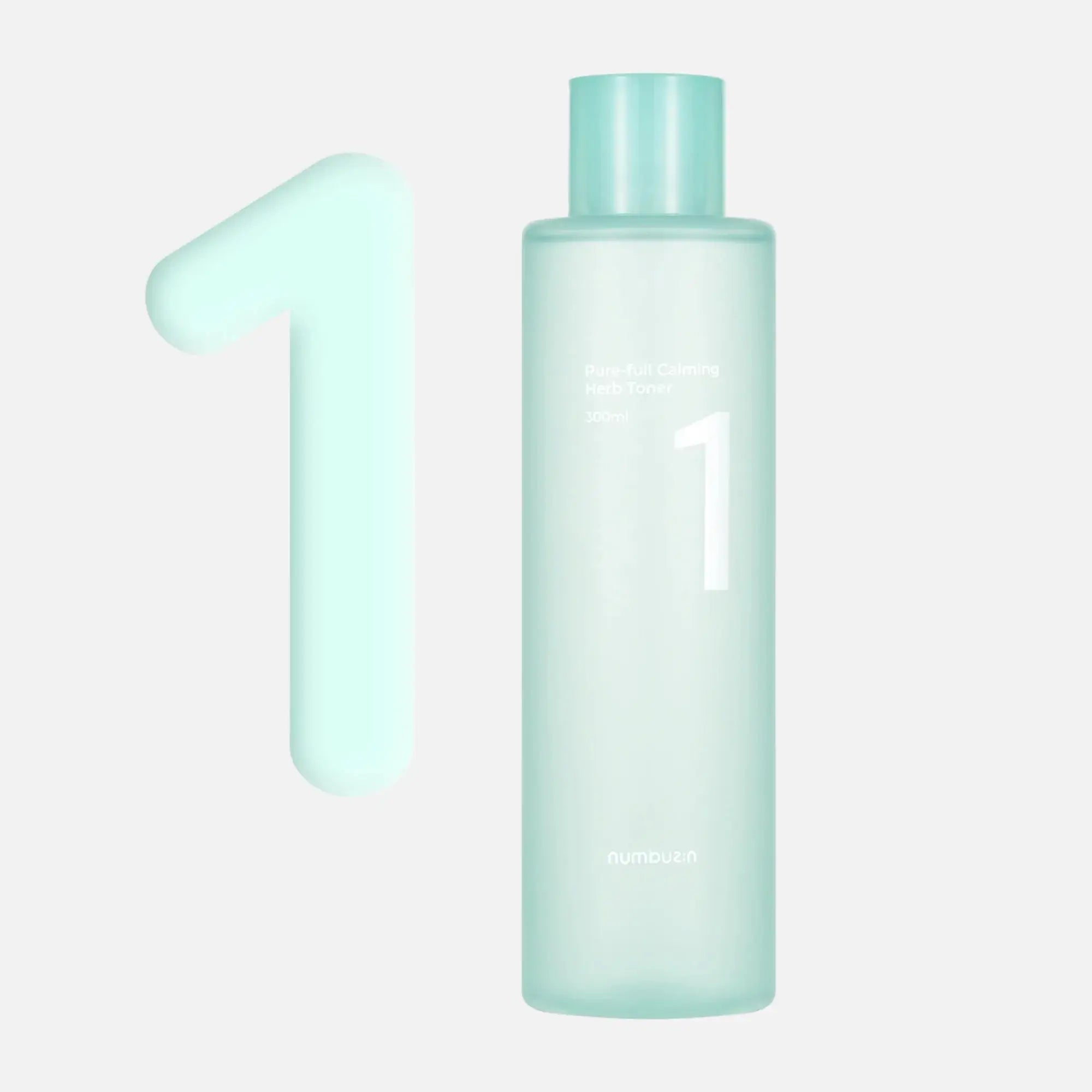 Numbuzin No.1 Pure-Full Calming Herb Toner bottle with a light blue background for acne-prone skin.