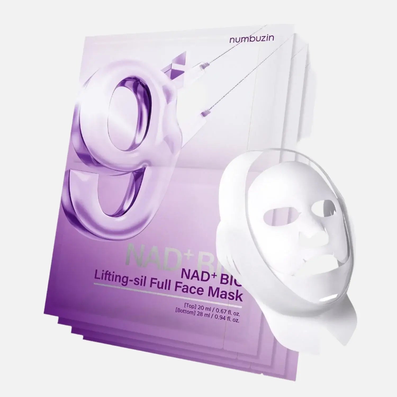 Numbuzin - No.9 NAD Bio Lifting-sil Full Face Mask Set 4 Pack in packaging with a mask featured.
