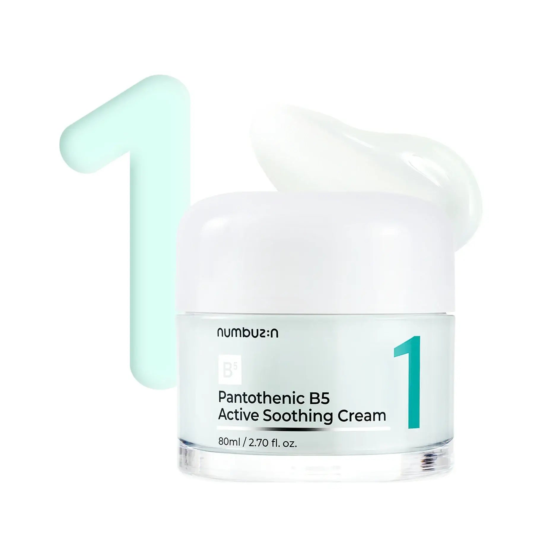 Numbuzin No.1 Pantothenic B5 Active Soothing Cream 80ml in a clear jar with a white lid and cream swatch.