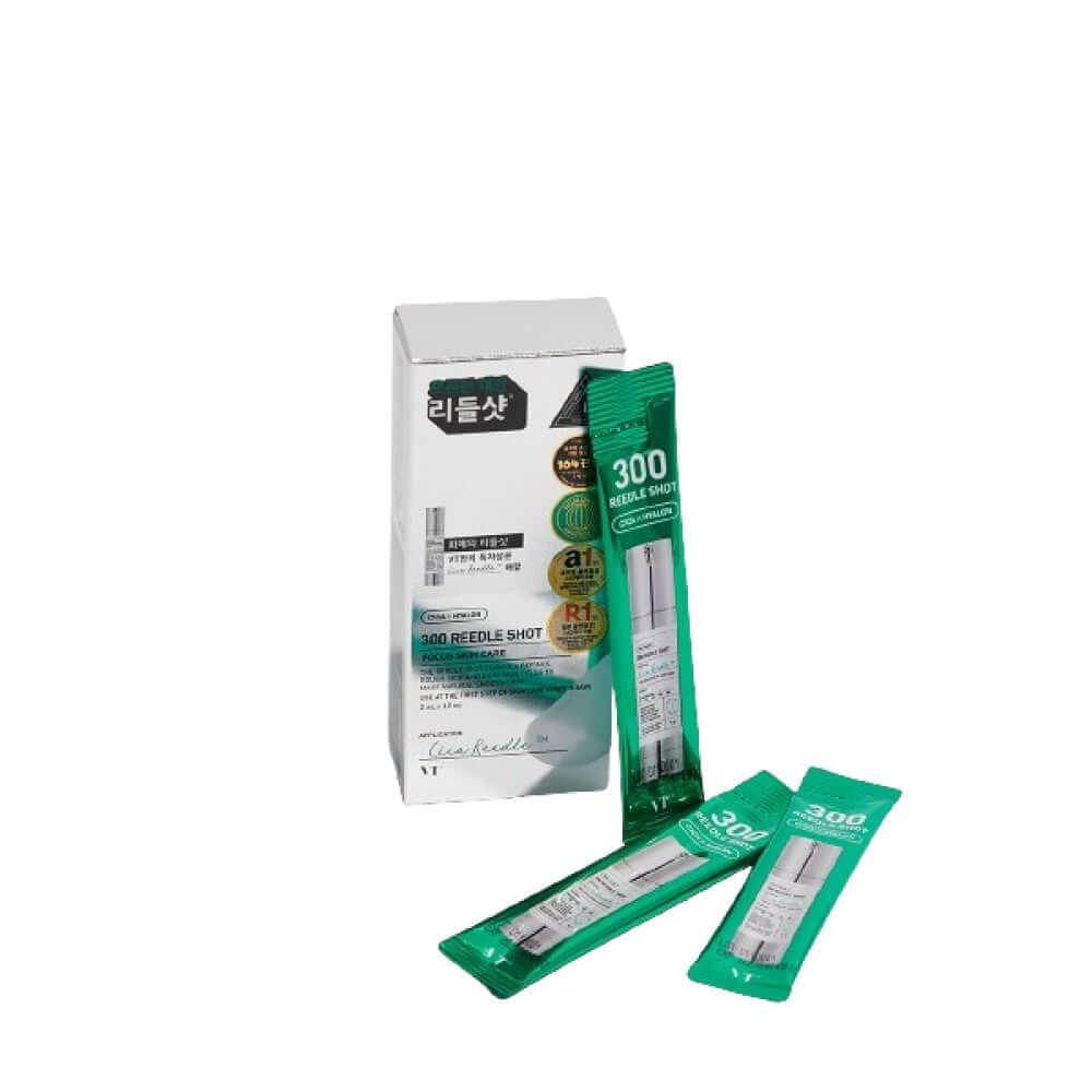 VT Reedle Shot 300 Stick Pouch, 10 pouches for deep skin treatment, enriched with Centella Asiatica and Hyaluronic Acid.