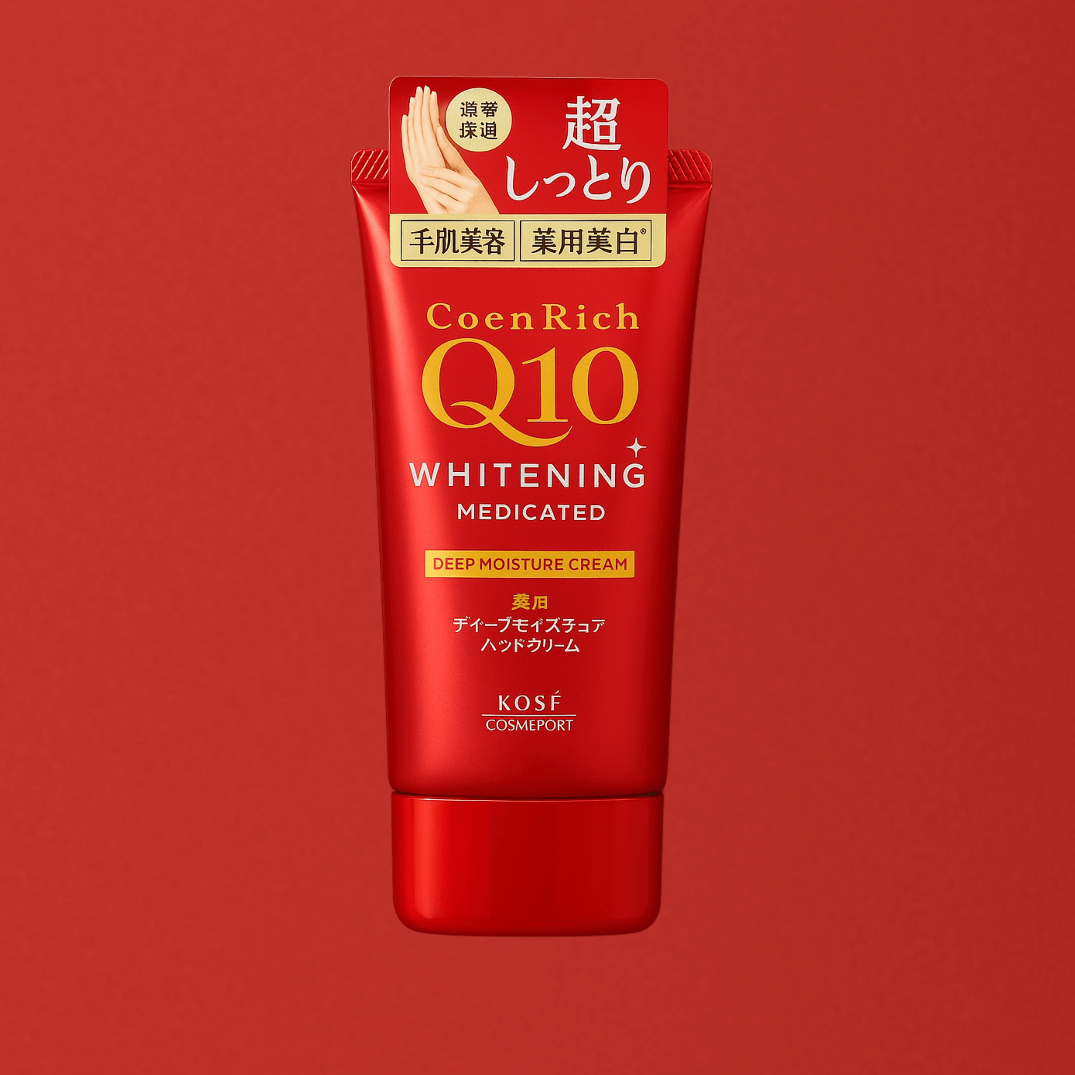 Kose CoenRich Q10 Whitening Hand Cream tube on a red background, promoting deep moisture for hands and cuticles.