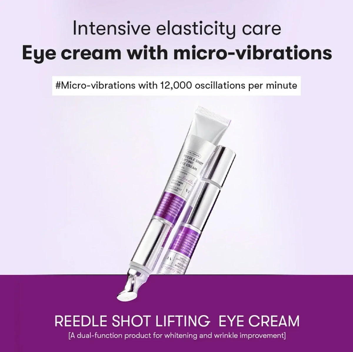 VT Reedle Shot Lifting Eye Cream with micro-vibrations for elasticity and hydration, enhancing skin texture.