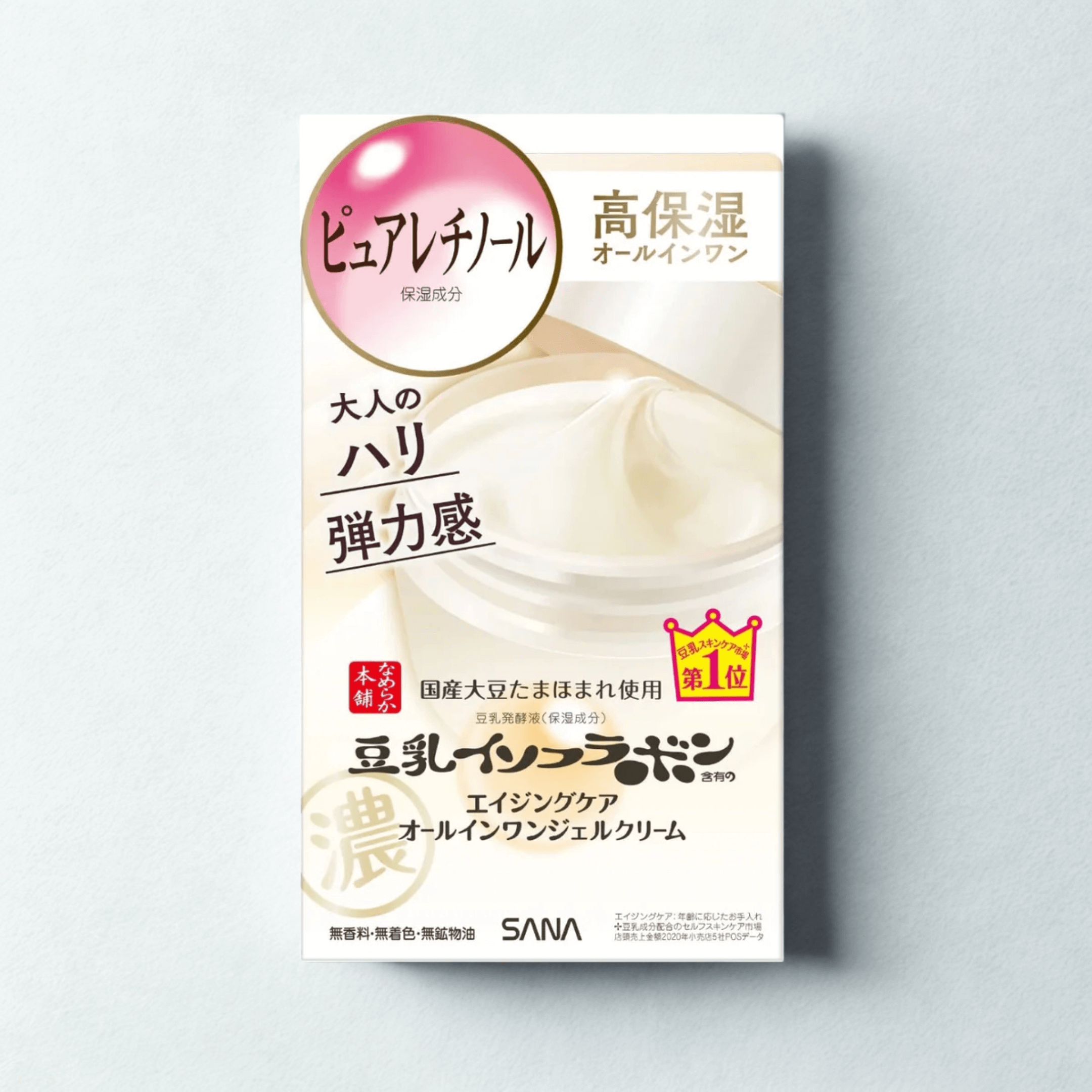 SANA Soy Milk Wrinkle Care Gel Cream packaging; moisturizes skin, reduces fine lines, enhances elasticity.