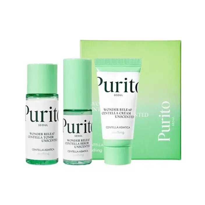 Purito SEOUL Wonder Releaf Centella Mini Kit Unscented - 3 pieces includes toner, serum, and cream for soothing sensitive skin.