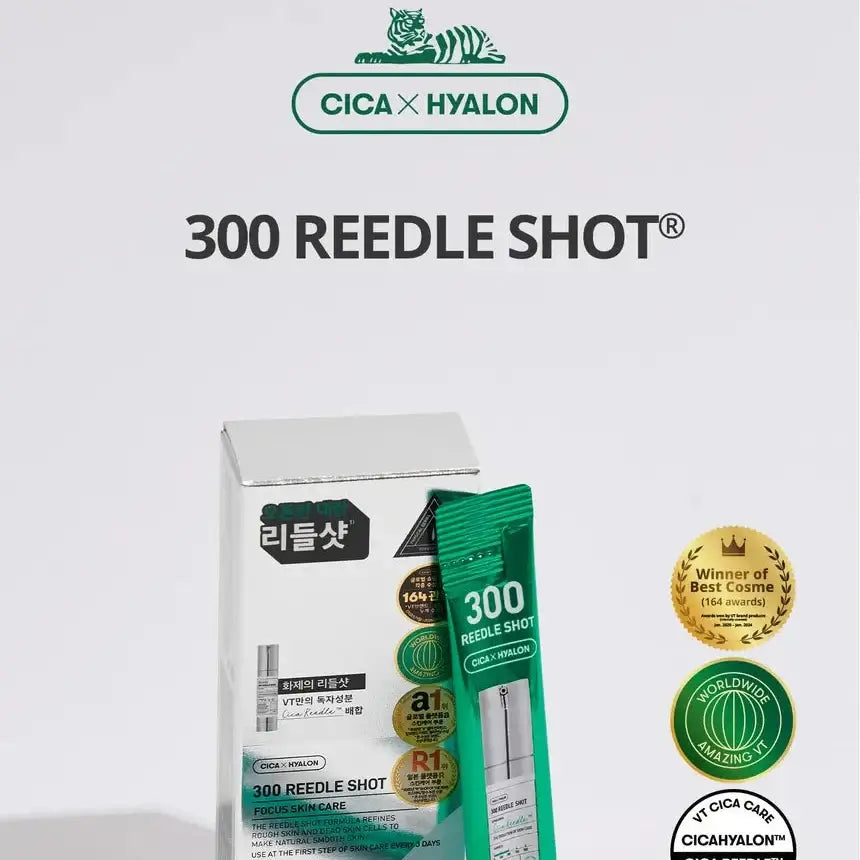 VT 300 Reedle Shot skin treatment packaging with microneedle technology for hydration and barrier strength.