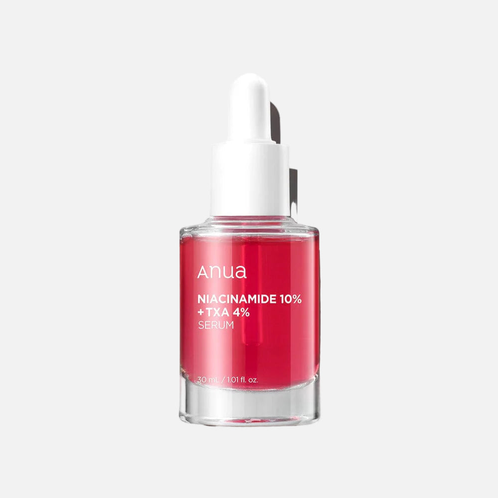 Anua Niacinamide 10% + TXA 4% Serum in a glass dropper bottle promoting skin clarity and radiance.