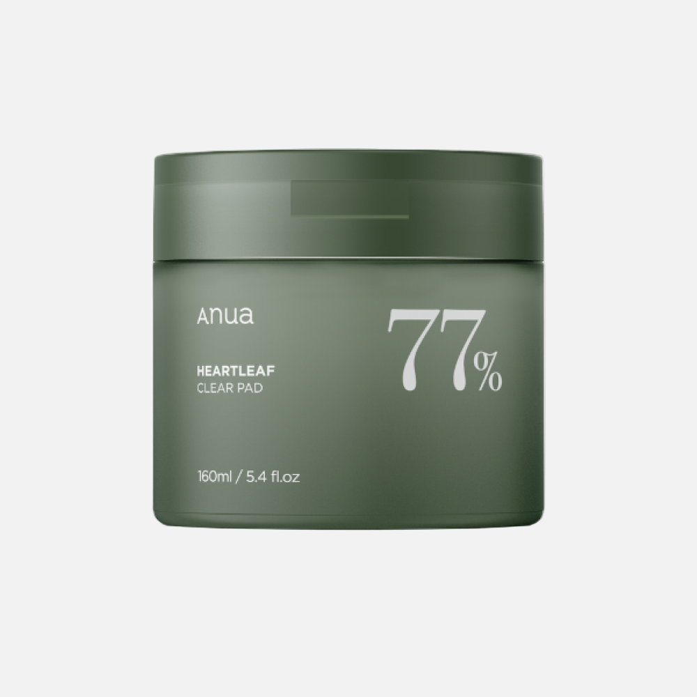 Anua Heartleaf 77 Clear Pad jar, 160ml, PHA toner pads for gentle exfoliation and soothing sensitive skin.
