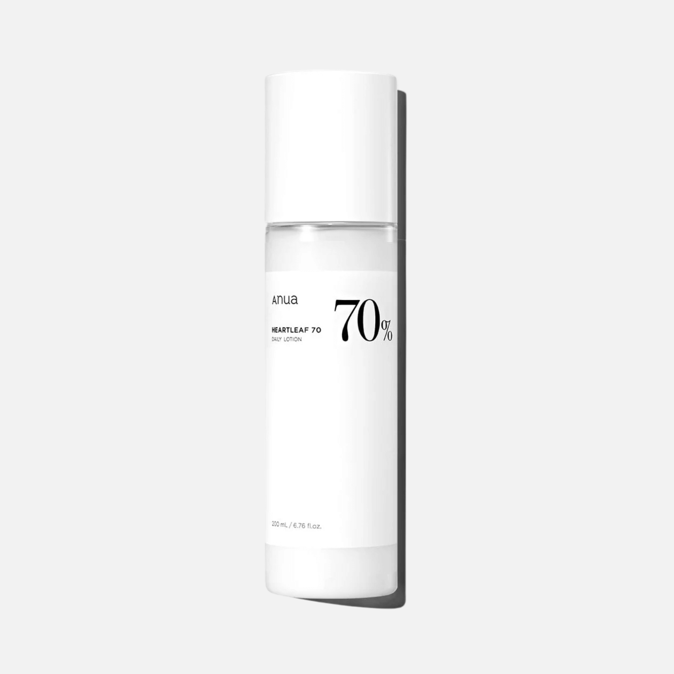 Anua Heartleaf 70% Daily Lotion bottle, 200ml, lightweight moisturizer for deep hydration and skin barrier repair.
