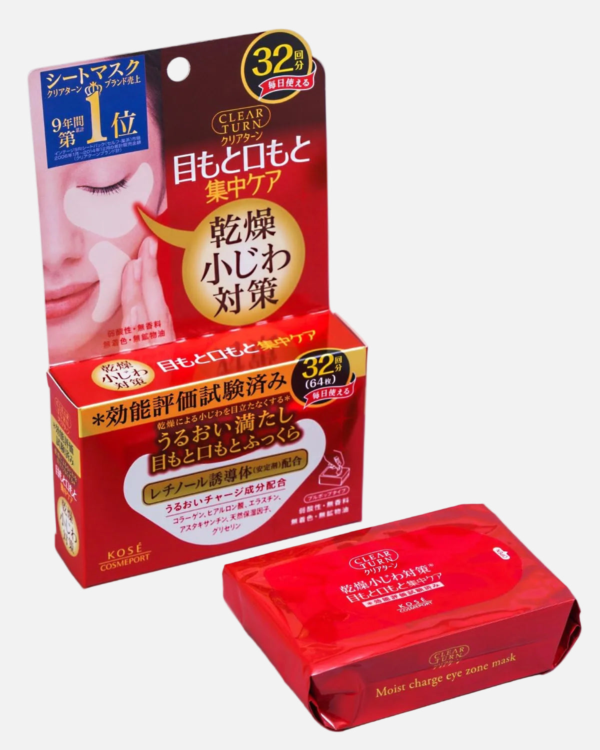 Kose eye mask packaging with red box and white label on a light gray background