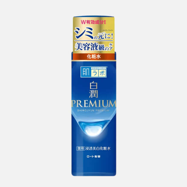 Rohto Hada Labo Shirojyun Premium Whitening Emulsion 140ml for brightening and hydrating skin, infused with vitamins and hyaluronic acid.